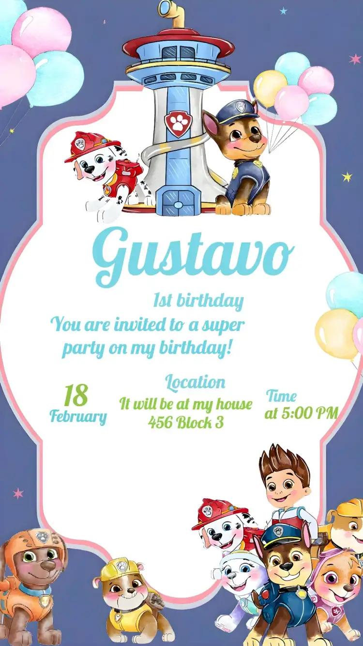 Invitation Paw Patrol – Kids' Birthday Party theme green, watercolor, childish, fun, themed, playful