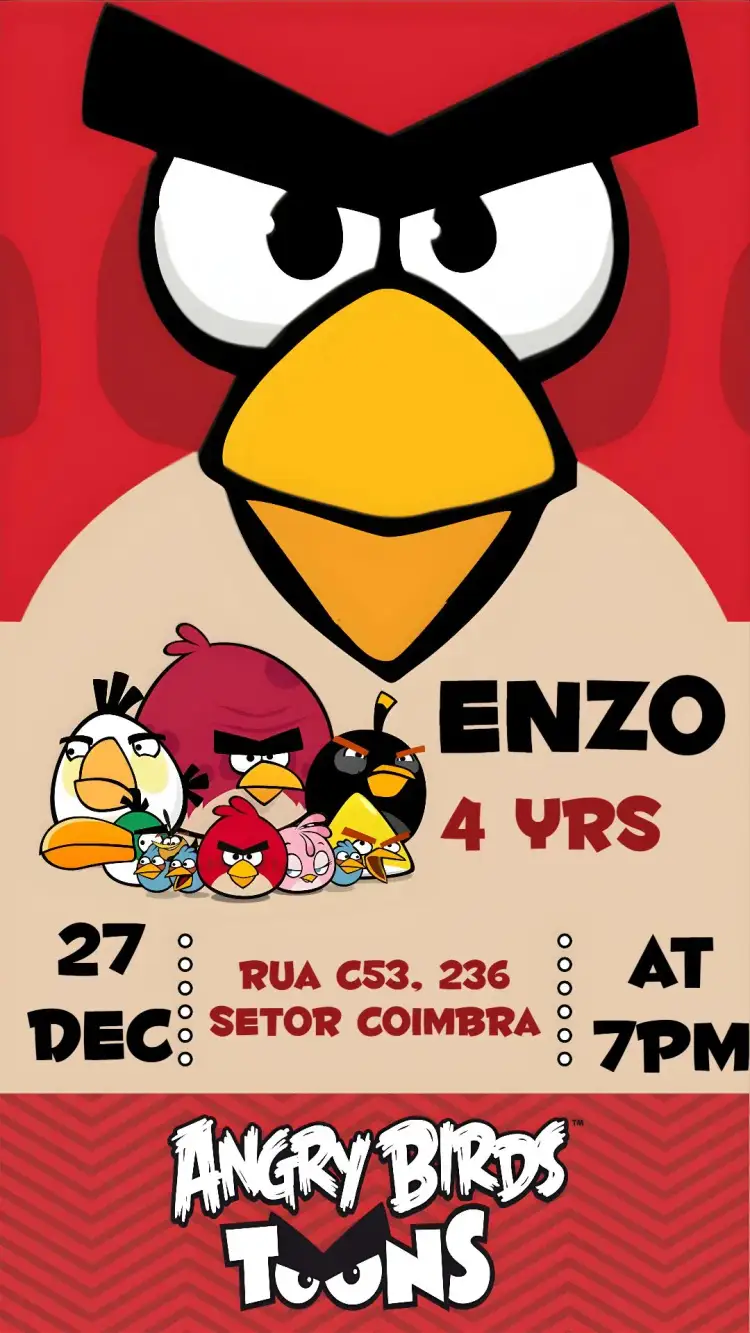Invitation Angry Birds – Sweet 15 theme vibrant colors, game graphic elements, playful style, adventure theme, modern design, fun illustrations