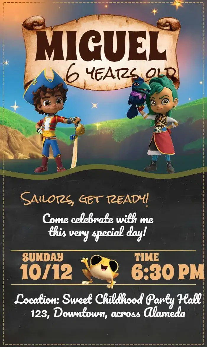 Invitation Santiago Dos Mares Montes – Commemorative Dates theme navy, chalkboard, children's, adventure, fun, colorful