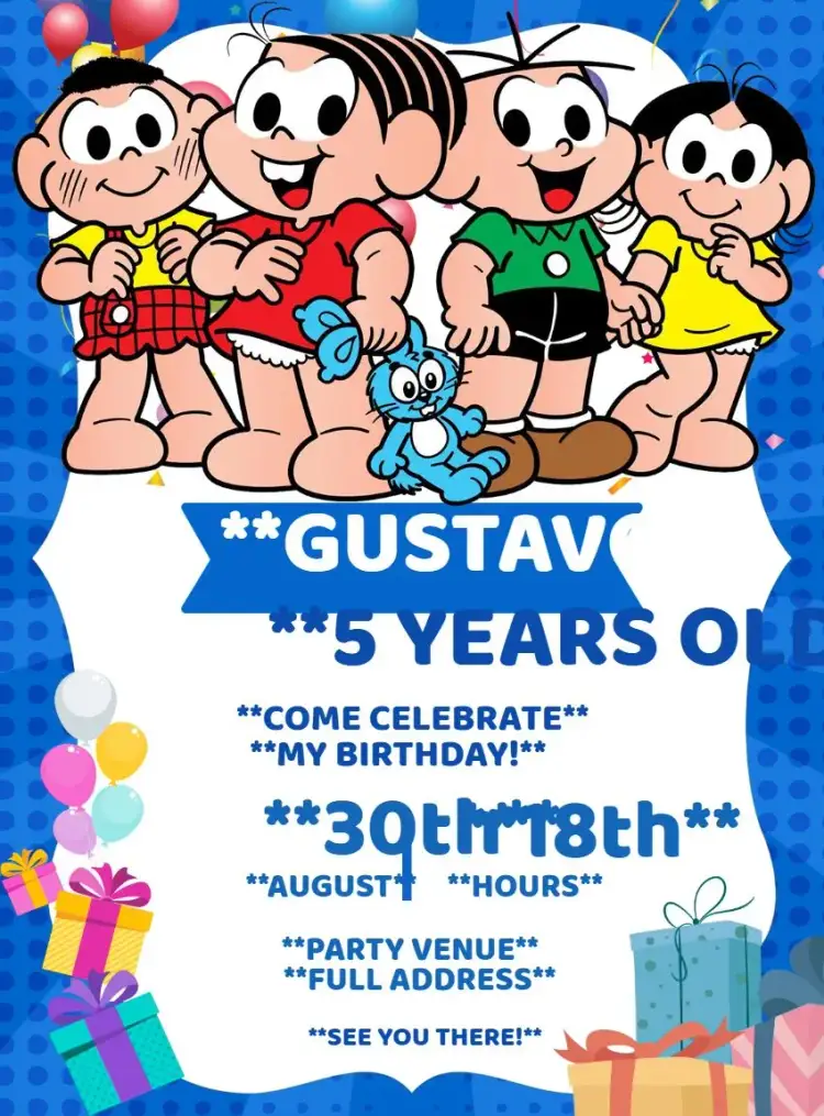 Invitation Turma Da Mônica Infantil – Kids' Birthday Party theme colorful, childlike, playful, fun, modern