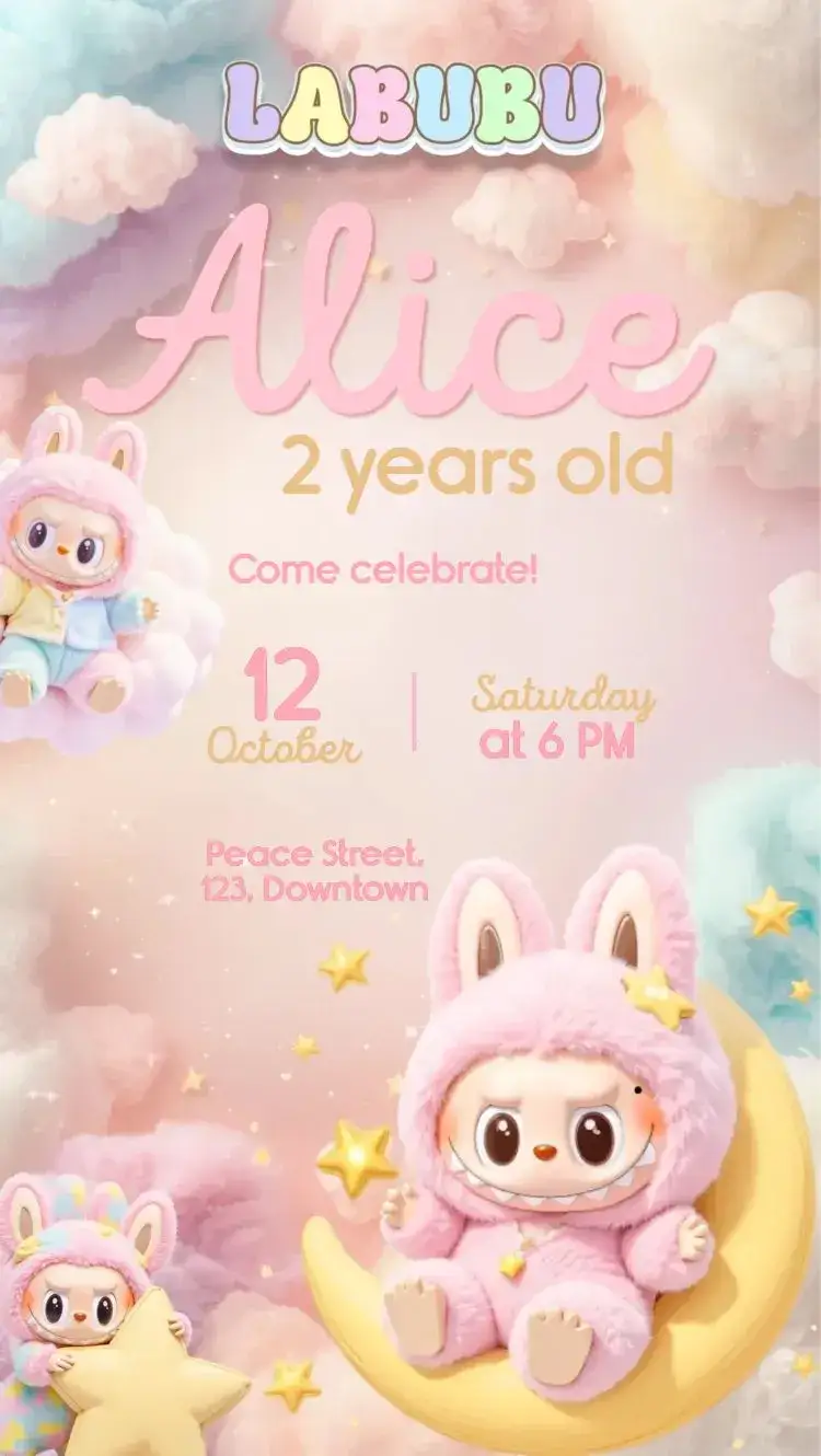 Invitation Labubu – Kids' Birthday Party theme pastel pink, playful, 3D, clouds, moon and stars, children's party