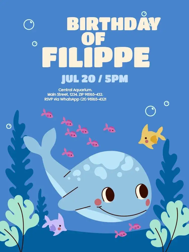 Invitation S Of Whale Fish – Kids' Birthday Party theme oceanic, playful, colorful, beach party, marine, fun
