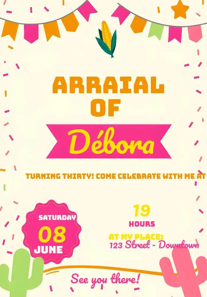 Invitation Arraial Festa Junina Estrelinhas – Commemorative Dates theme colorful, vintage, rustic, festive, Brazilian, traditional