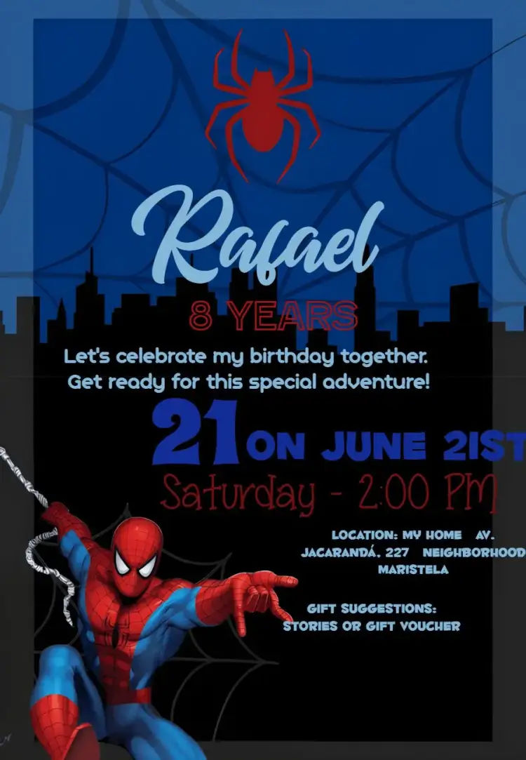 Invitation Spider Man Super – Kids' Birthday Party theme colorful, superhero-themed, modern, fun, youthful