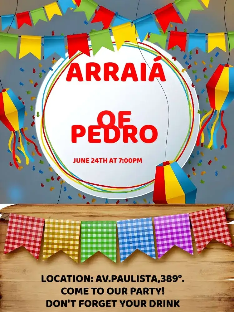 Invitation João's June Party Arraiá – Commemorative Dates theme colorful, rustic, traditional, vintage, festive, cheerful