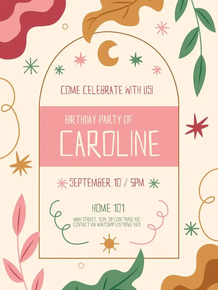 Invitation Playful Delicate – Kids' Birthday Party theme playful, delicate, pink and beige, foliage graphic elements, childhood magic, stars and moon