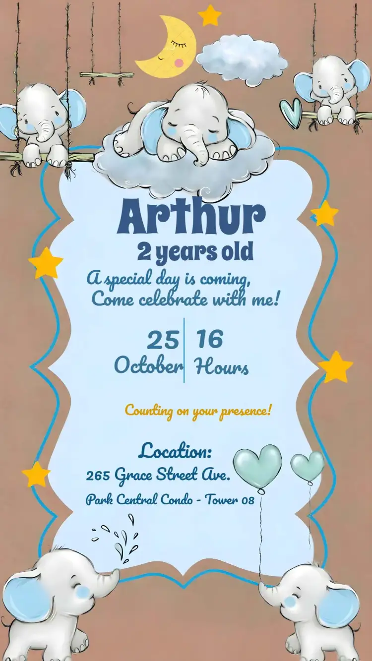 Invitation Blue Baby Elephant – Most searched for theme blue, playful, childlike, fun, colorful