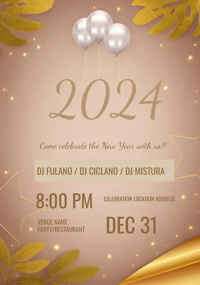 Invitation Golden New Year Celebration – Commemorative Dates theme golden, silver, modern, festive, minimalist