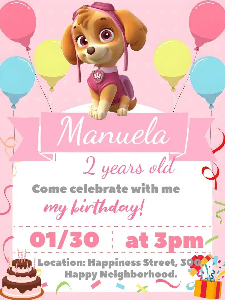 Invitation Skye Pink Paw Patrol Girl – Kids' Birthday Party theme pink, fun, childish, colorful, themed, playful