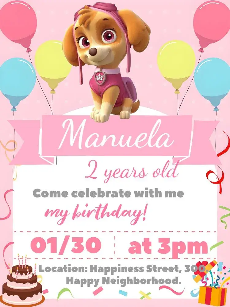 Skye Pink Paw Patrol Girl invitation