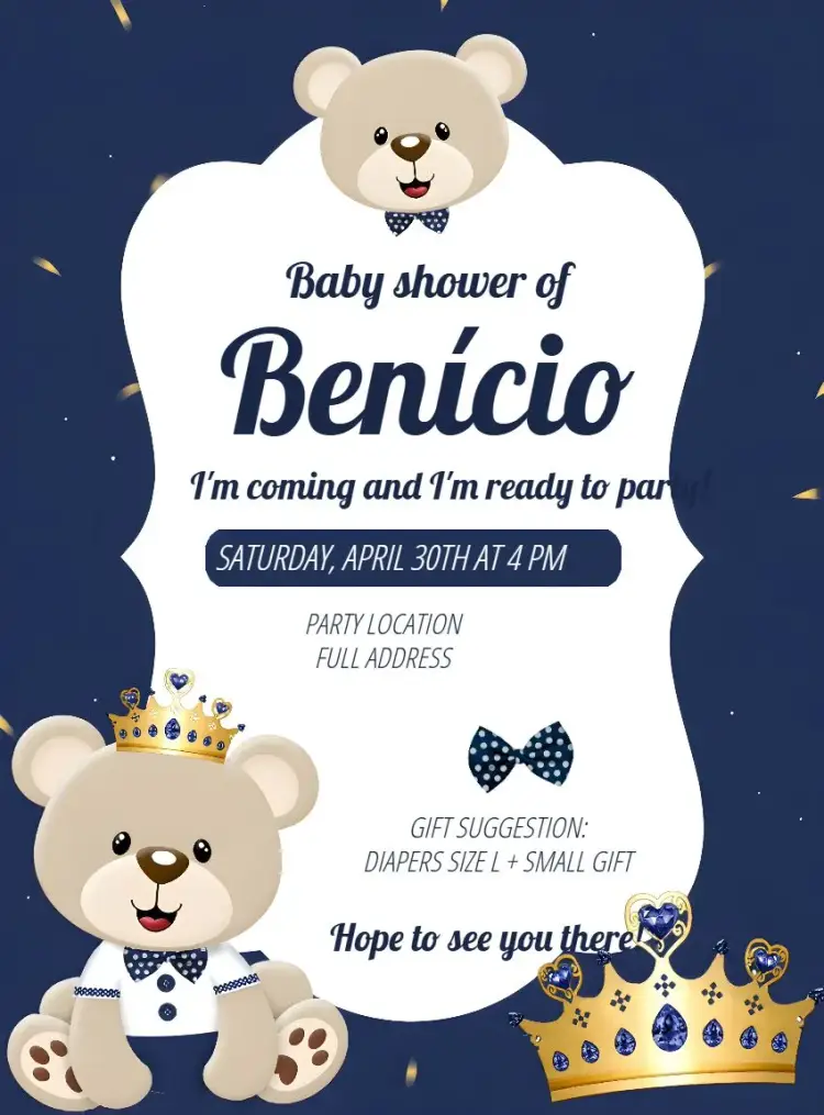 Blue Prince Teddy Bear Baby Shower invitation