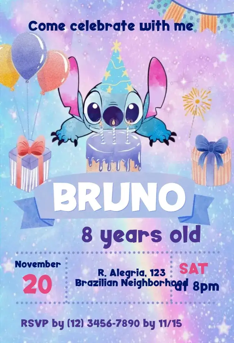 Invitation Stitch – Kids' Birthday Party theme colorful, fun, themed, cartoon, tropical