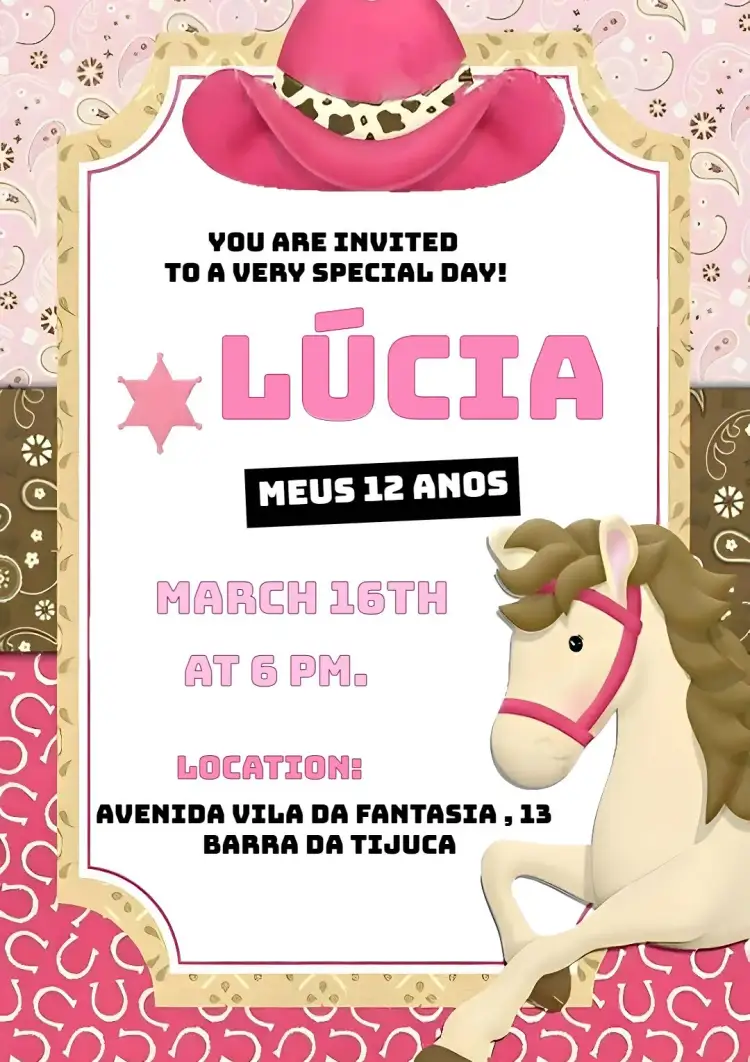 Invitation Ana Castela Rosa – Kids' Birthday Party theme pink, cowgirl, cowgirl, children's, fun