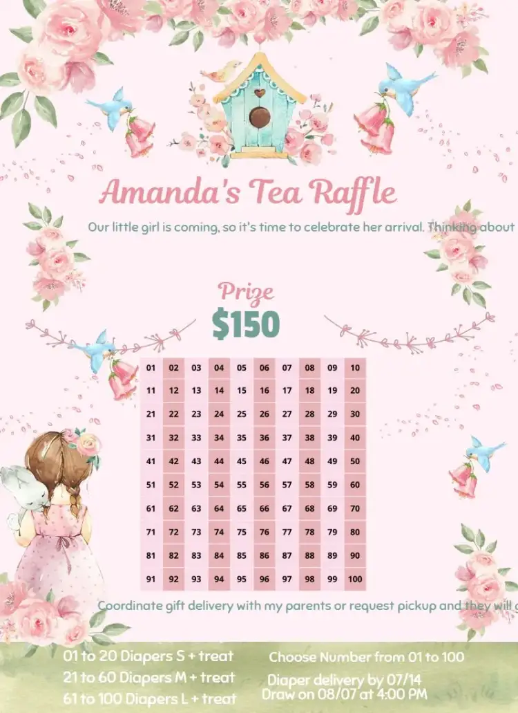 Invitation Enchanted Garden Girl and Bunny – Raffle Tea theme floral, playful, colorful, nature-themed, soft, childlike