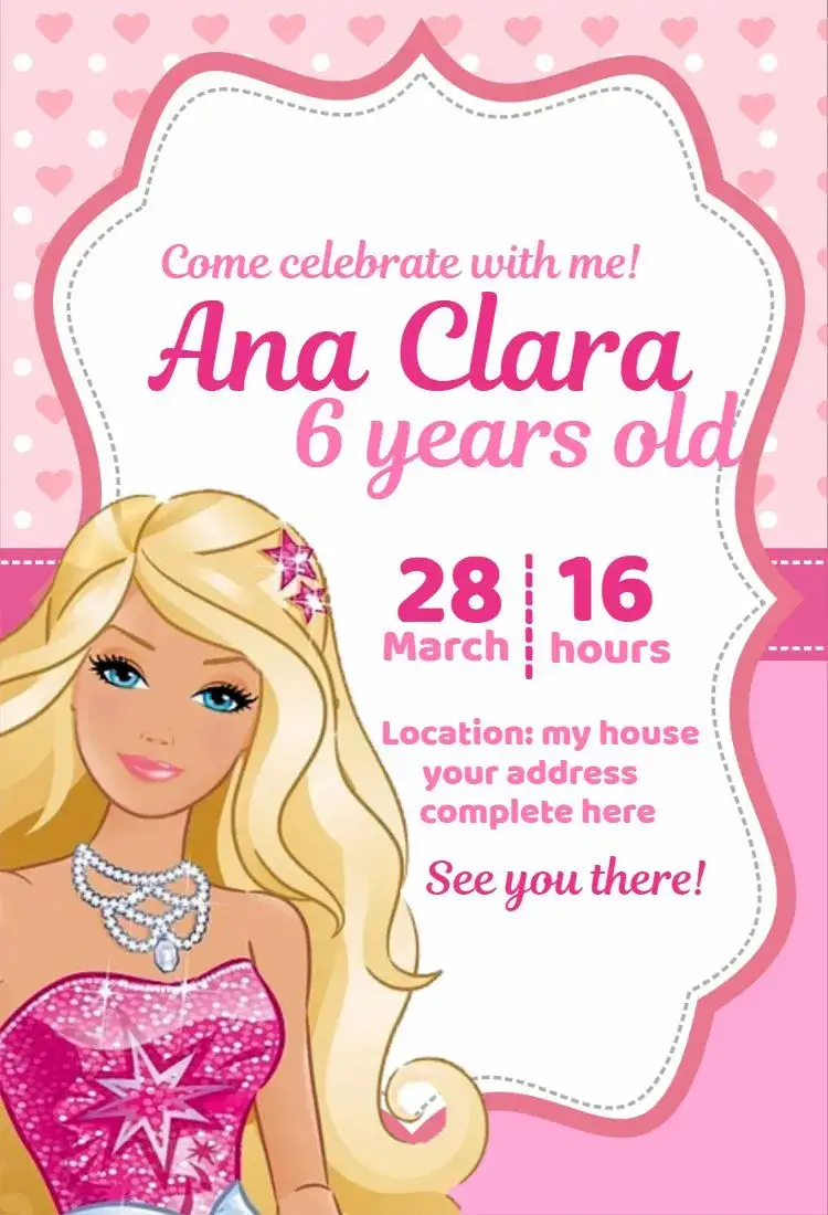 Invitation Romantic Barbie – Kids' Birthday Party theme romantic, sparkle, pink, hearts, Barbie-themed, children's