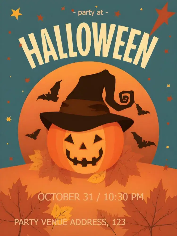 Invitation Halloween Costume Party – Commemorative Dates theme dark colors, Halloween illustrations, fun style, thematic graphic elements, modern design, magical atmosphere