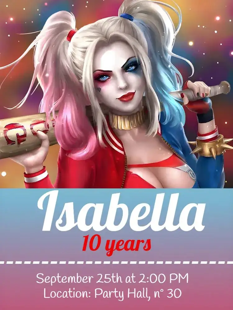 Invitation Harley Quinn – Kids' Birthday Party theme vibrant colors, modern style, graphic elements from the Suicide Squad, bold design, superhero theme