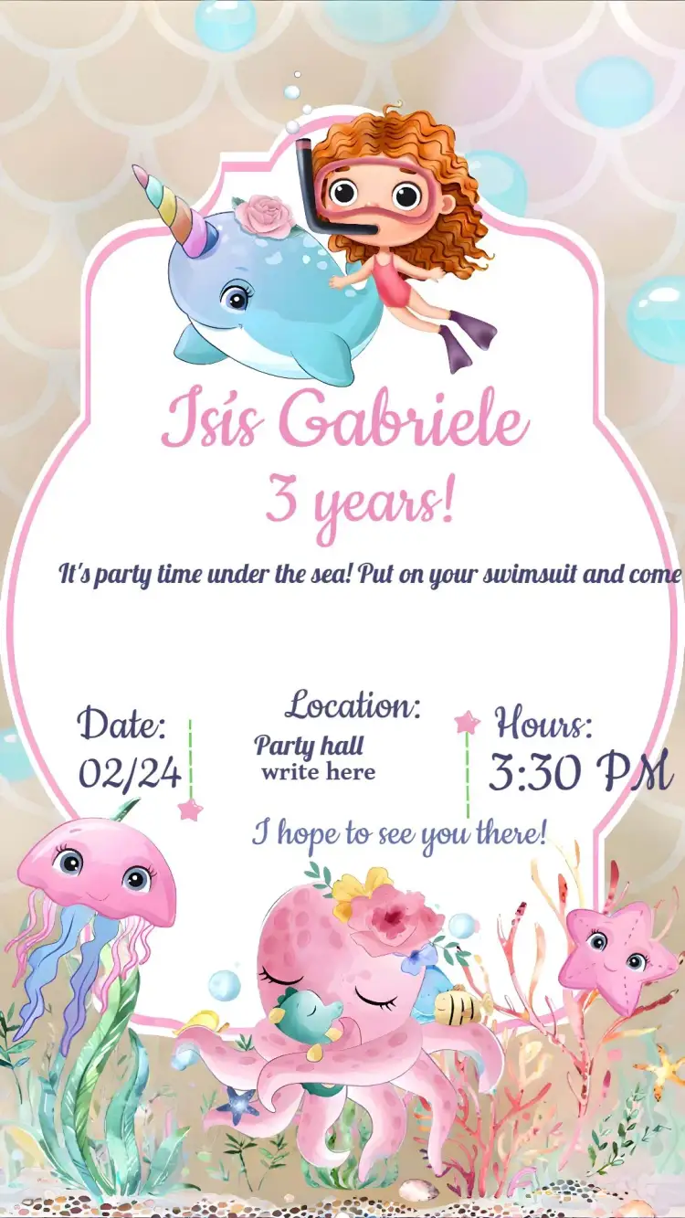 Invitation Under the Sea Mermaid – Kids' Birthday Party theme under the sea, mermaid, soft colors, playful style, marine graphic elements, magical theme