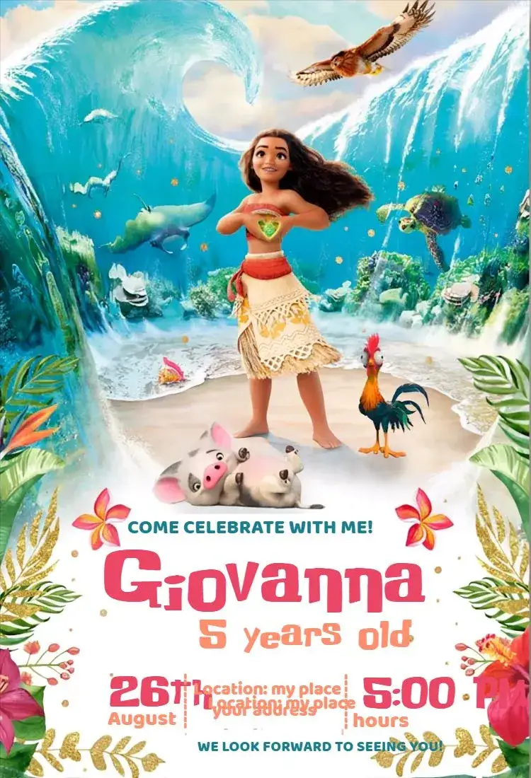 Invitation Moana – Kids' Birthday Party theme tropical, adventure, colorful, navy, fantasy
