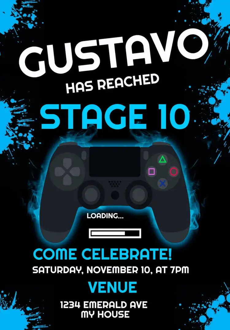 Invitation Playstation 4 Black Gamer Birthday Invitation – Kids' Birthday Party theme modern, gamer, black and blue, technological, fun