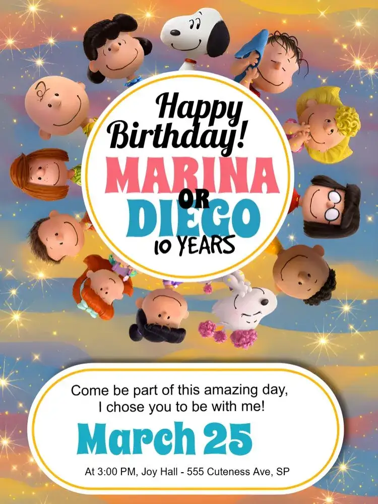 Invitation Snoopy And The Charlie Brown Peanuts Gang – Kids' Birthday Party theme colorful, fun-filled, lively, childish, playful