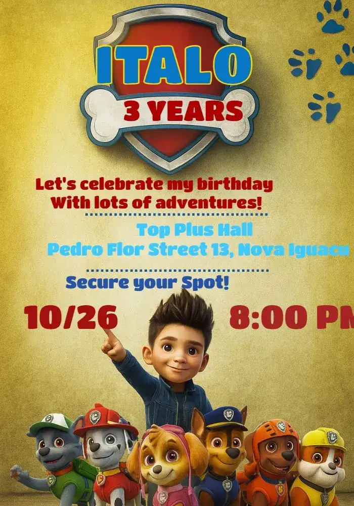 Invitation Paw Patrol – Kids' Birthday Party theme colorful, adventure-themed, character illustrations, childlike style, fun design, action scenes
