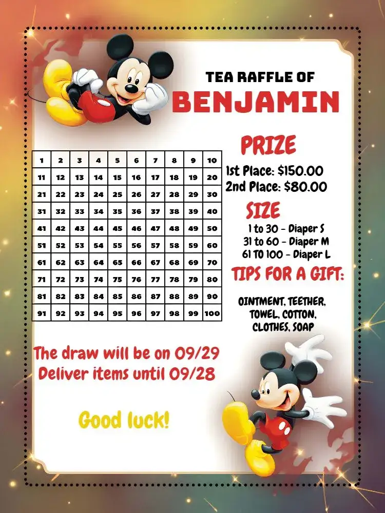 Invitation Cartela Cha Rifa Mickey Menino De Fraldas Branco – Raffle Tea theme Mickey Mouse, children's, white and red, fun, contemporary