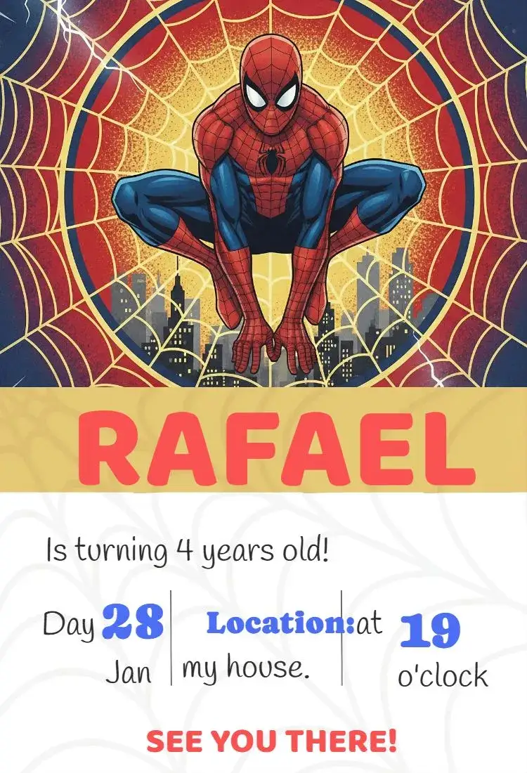 Invitation Spider-Man Invitation – Kids' Birthday Party theme vibrant colors, modern style, superhero graphic elements, playful design, action theme, comic book inspiration