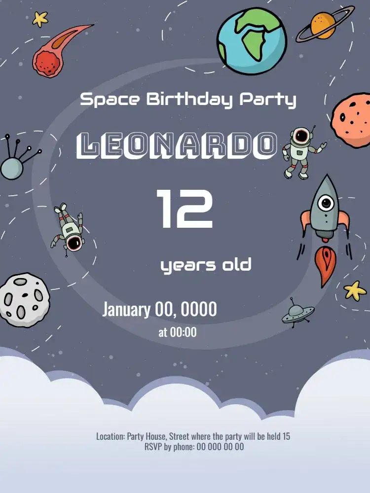 Invitation Space Ship Venue – Birthday theme space, astronomical, colorful, fun-filled, modern, themed