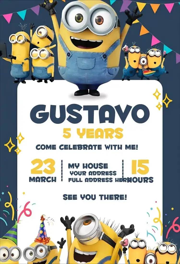 Invitation Minions 2 – Birthday theme colorful, fun, themed, animated, childlike