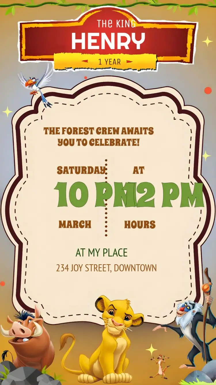 Invitation The Colorful Lion King – Kids' Birthday Party theme colorful, Savannah animals, Disney style, vibrant, fun