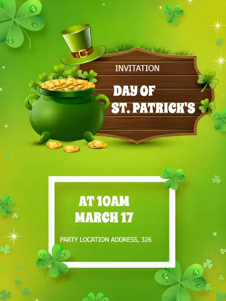 Invitation Saint Patrick's Day Celebration – Commemorative Dates theme vibrant green, Irish elements, festive style, modern design, fun graphics, traditional touches