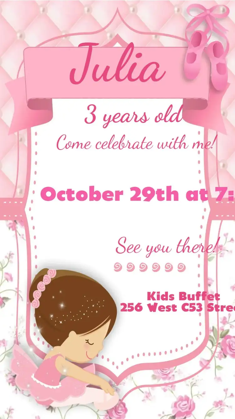 Invitation Ballerina – Kids' Birthday Party theme pastel colors, playful style, dance elements, delicate design, ballet-inspired, floral details