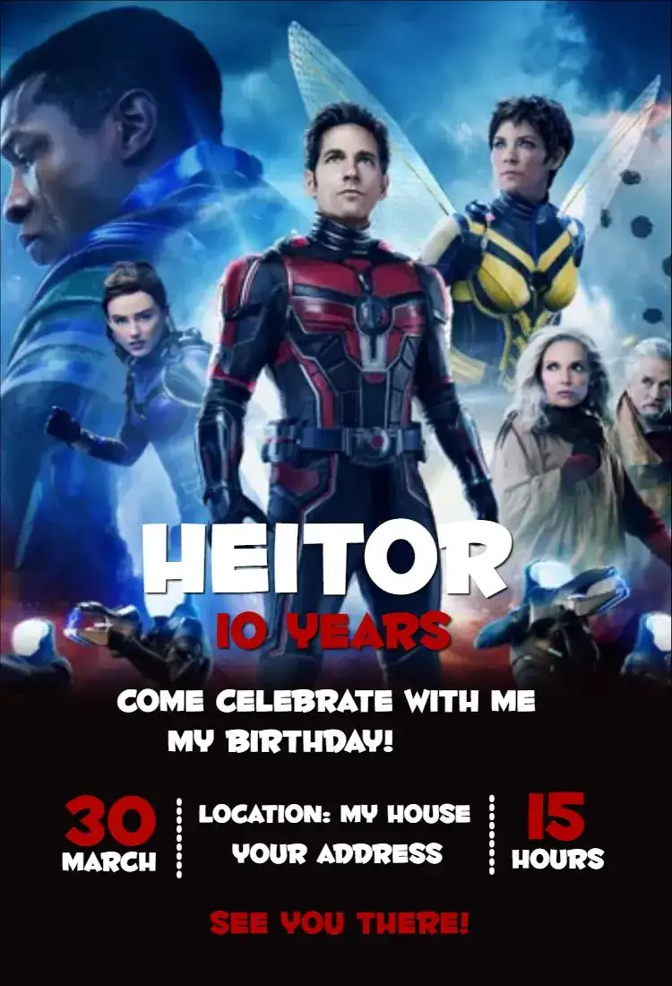 Invitation Ant-Man 1 – Birthday theme colorful, superheroes-themed, vibrant, dynamic, fun