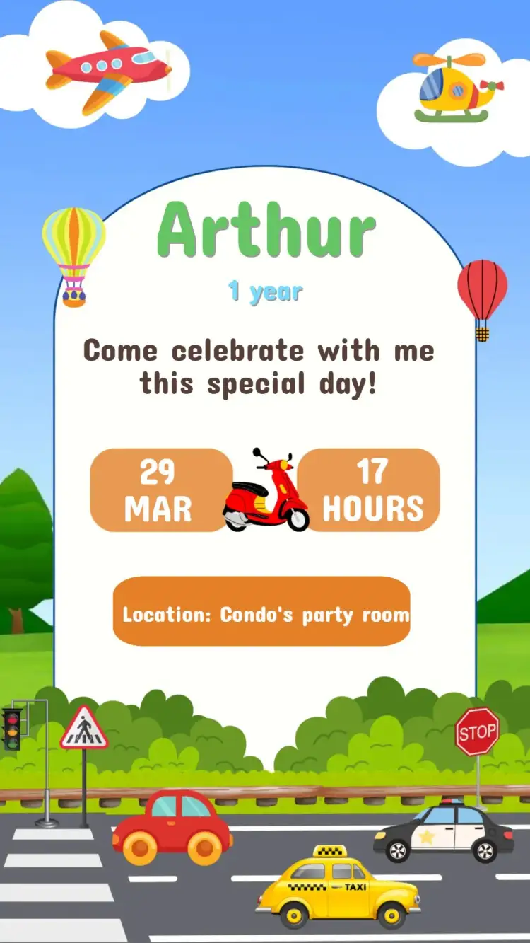 Invitation Transportation Means Birthday Invitation – Kids' Birthday Party theme colorful, fun, modern, childlike, aerospace-themed, automotive