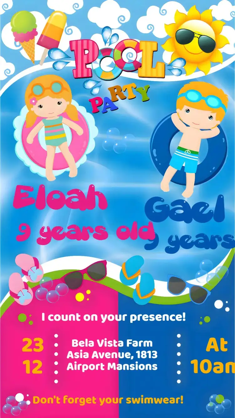 Invitation Pool Party for Boys and Girls – Kids' Birthday Party theme colorful, tropical, fun, summery, beachy, modern