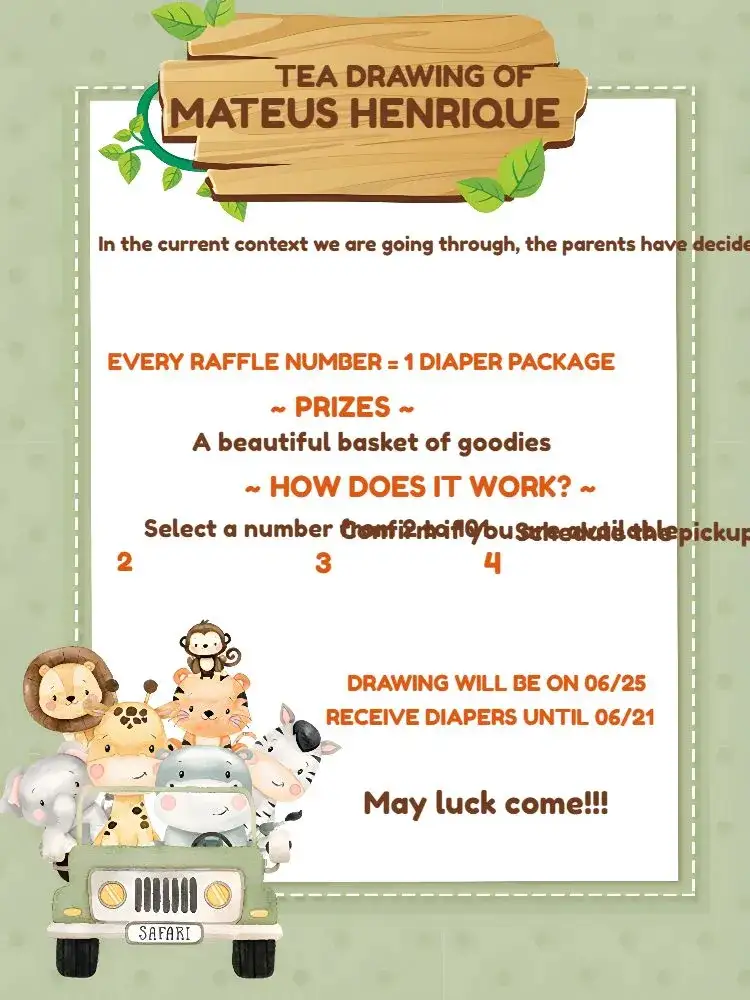 Invitation Baby Shower Safari Raffle Boy – Raffle Tea theme safari, animals, light green, brown, white, fun