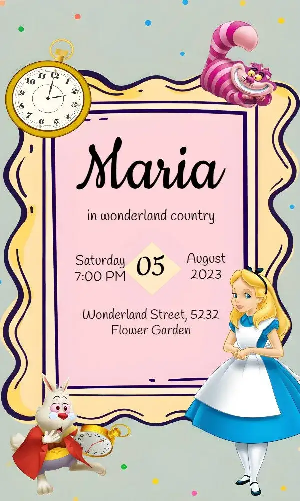 Invitation Alice In Wonderland – Commemorative Dates theme colorful, fantasy, playful illustrations, vintage style, magical, vibrant