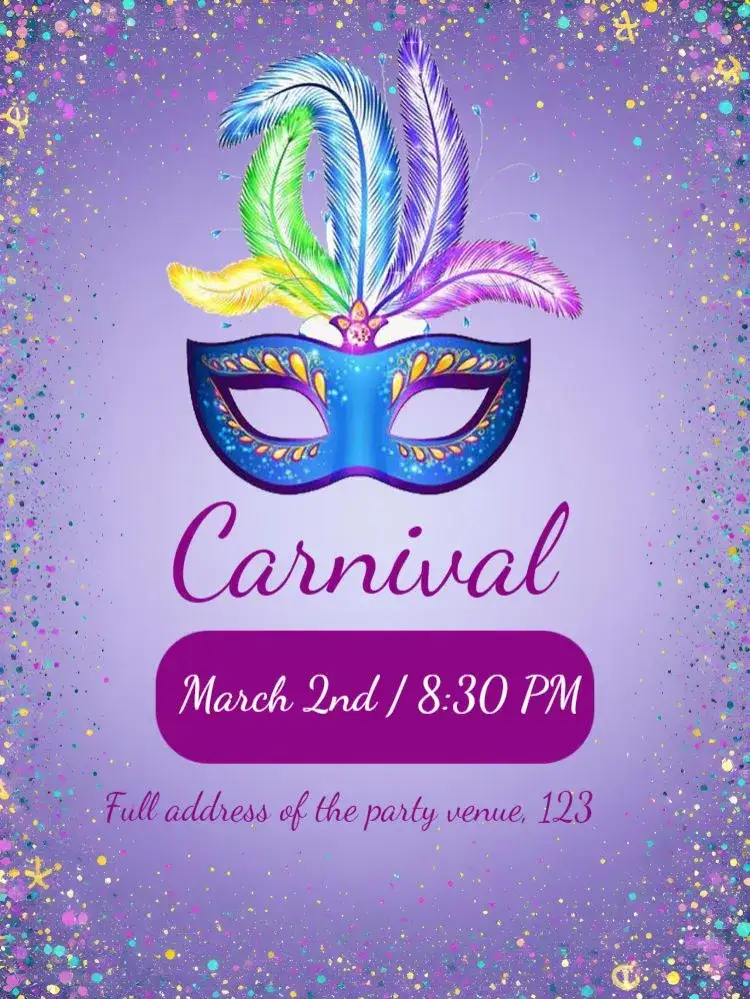 Invitation Carnival Ball – Commemorative Dates theme vibrant purple, festive masks, colorful confetti, cheerful streamers, samba style, festive elements