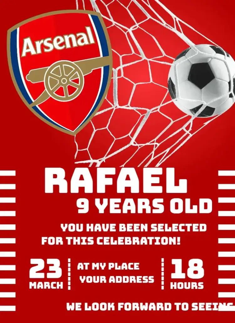 Invitation Arsenal 4 – Birthday theme football, vibrant, modern, colorful, sporty, youthful