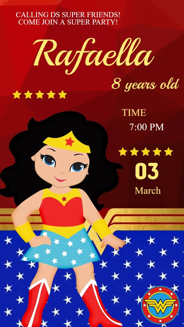 Invitation Wonder Woman Birthday Invitation – Kids' Birthday Party theme colorful, superhero-themed, vibrant, playful, fun