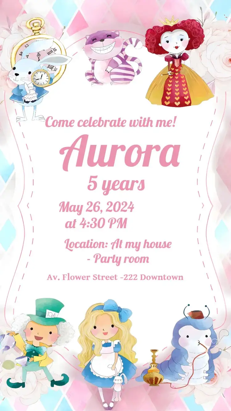 Invitation Alice In Wonderland Mad Hatter – Commemorative Dates theme colorful, fantastic, playful, vintage, pastel, fun