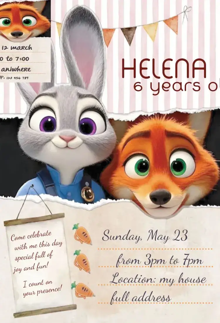 Invitation Zootopia 2 – Birthday theme colorful, fun, animals, adventure, children's, illustrations