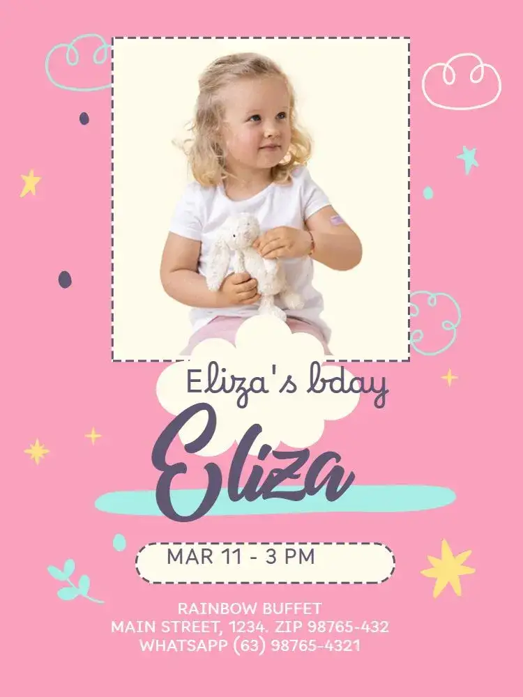 Invitation Infant Girl Pink Photo Meeting – Diaper Shower theme pink, playful, delicate, childlike, clouds, stars