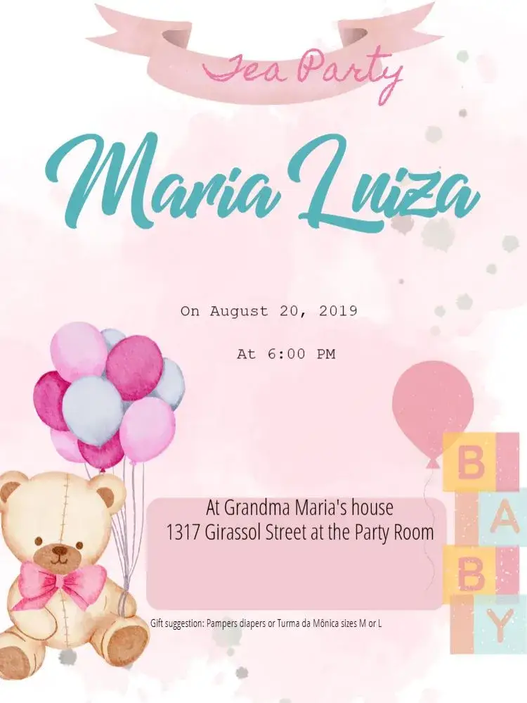 Invitation Baby Shower Teddy Bear And Balloons Celebration – Diaper Shower theme colorful, playful, childlike, delicate, cheerful, cute