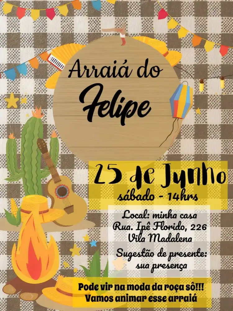 Invitation Arraiá Festa Junina Julina – Commemorative Dates theme colorful, country-style, vintage, rustic, festive, traditional