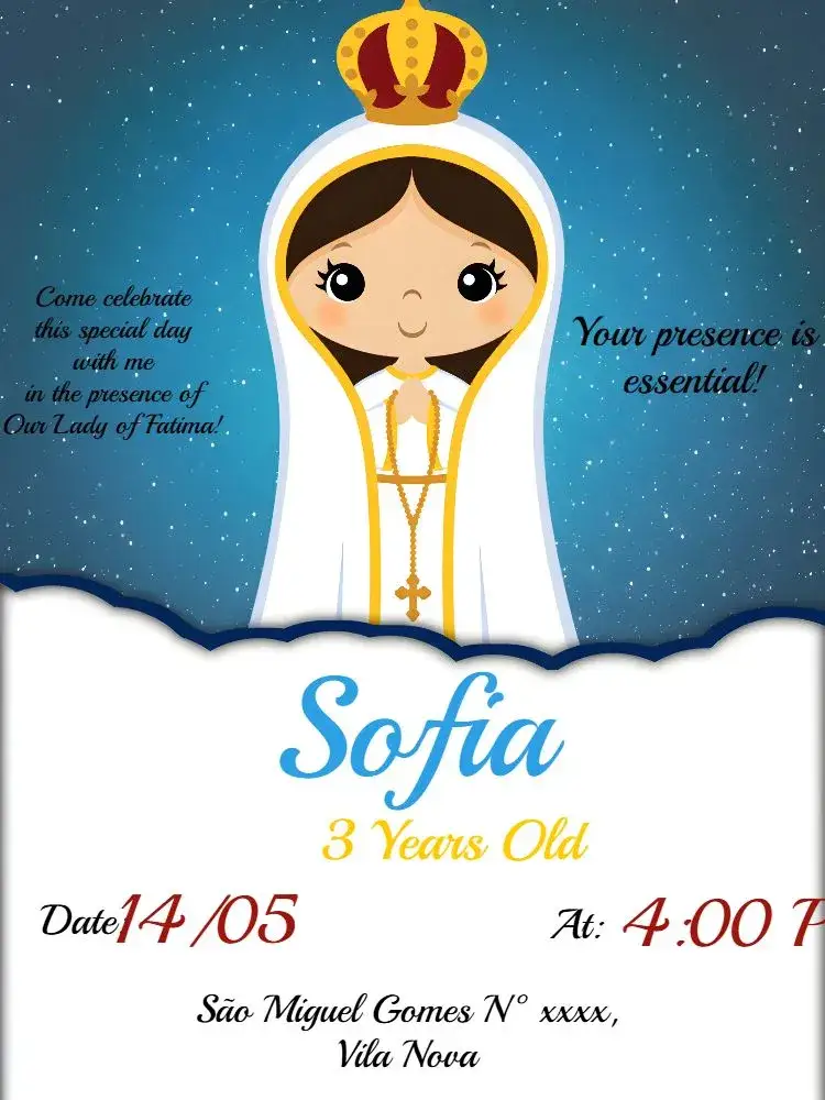 Invitation Our Lady of Fatima Blue – Baptism theme blue, white, red, yellow, religious, modern