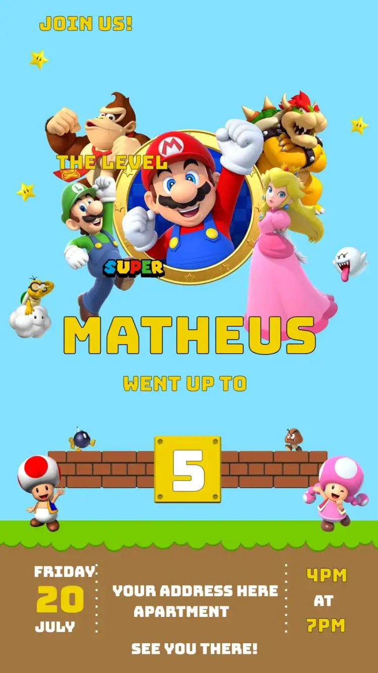 Invitation Super Mario – Kids' Birthday Party theme colorful, fun, games, childish, characters