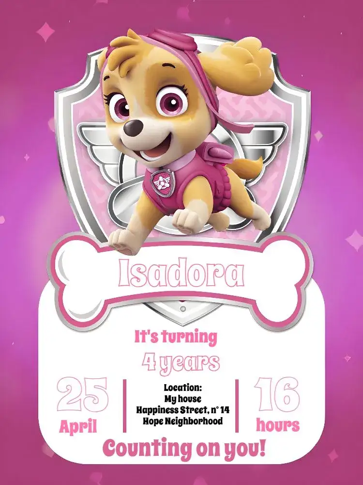 Invitation Patrol Canine Skye Marshall – Kids' Birthday Party theme vibrant colors, childish style, Paw Patrol elements, playful illustrations, dog theme, pink details
