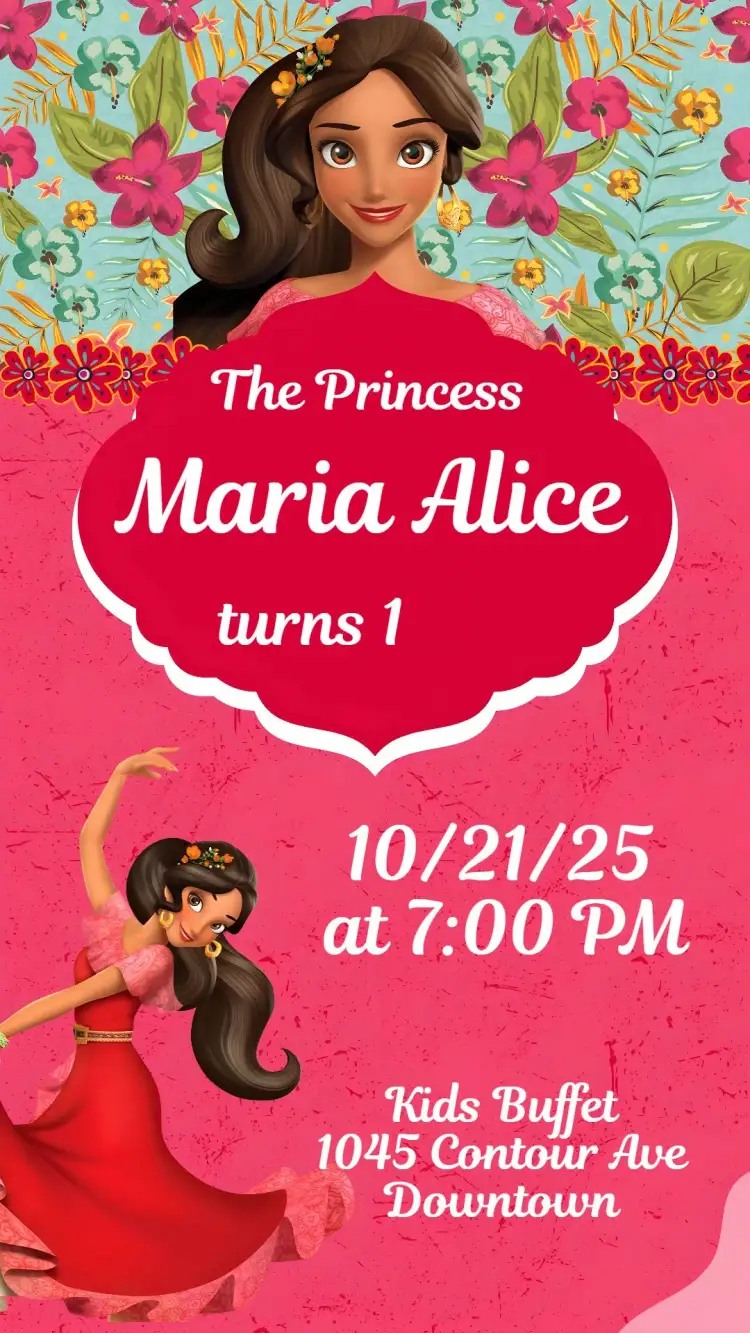 Invitation Elena of Avalor – Kids' Birthday Party theme vibrant colors, princess theme, magical illustrations, childlike style, adventure elements